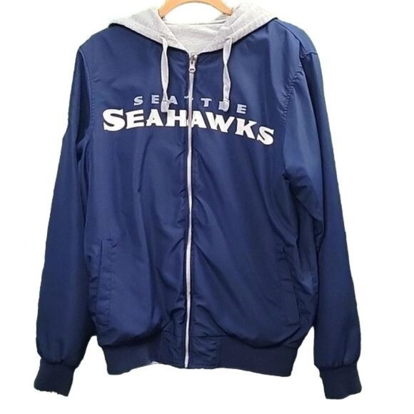 VNTG GIII Y2k Seattle Seahawks NFL Reversible Hooded Full Zip Jacket Navy/Grey S - Picture 1 of 14